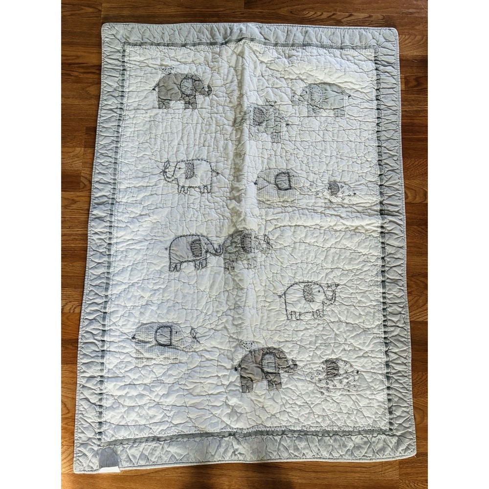 Pottery Barn Kids Crib Blanket Elephants 100% Organic Cotton Gray And White